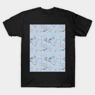 Whimsical Sea Shell Pattern in Black and White T-Shirt